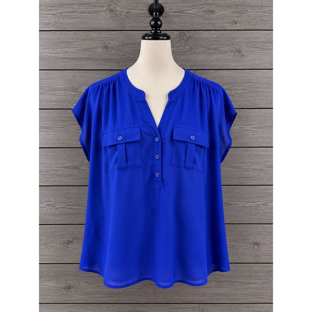 INC Office Top Plus 0X Blue Short Sleeve Mixed Media Flap Pocket Blouse